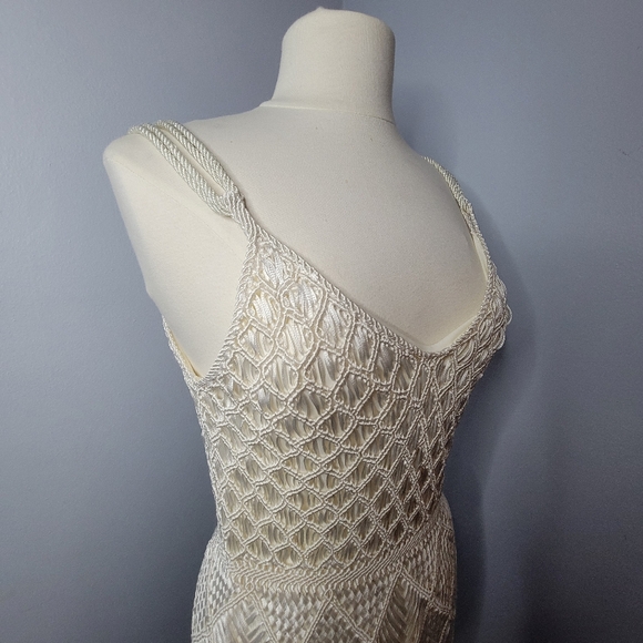 Crochet Maxi Dress Handmade Woven Silk Ivory Large Lined Palma Canaria Wedding - Picture 2 of 15